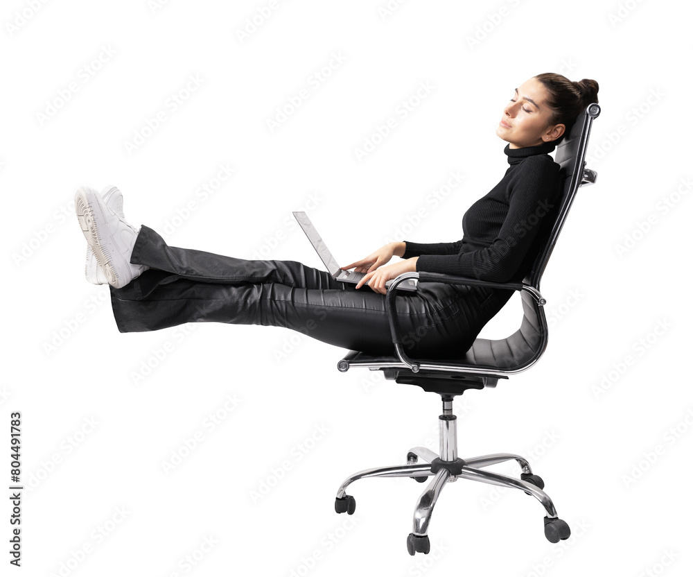 A woman reclining casually in a chair with a laptop on her lap, on a white background, conveying a relaxed work environment