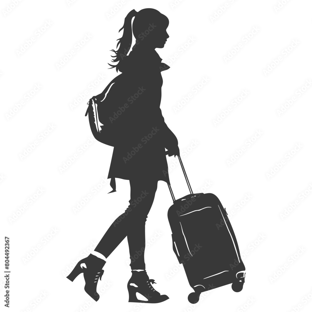 silhouette girl traveling with suitcase silhouette full body black color only silhouette girl traveling with suitcase silhouette full body black color only