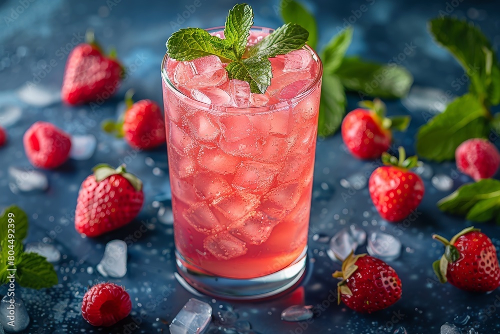 Alluring cold drink with strawberries & mint leaves in ice-filled glass, reflecting summer's essence Alluring cold drink with strawberries & mint leaves in ice-filled glass, reflecting summer's essence