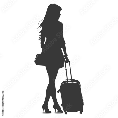 silhouette girl traveling with suitcase silhouette full body black color only