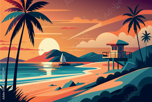 A tranquil seaside sunset with a sailboat and mountains in the background