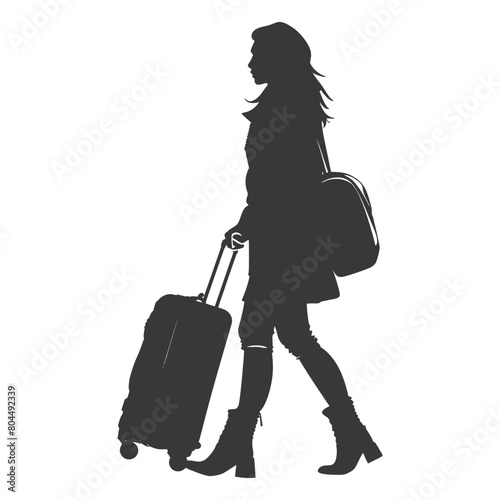 silhouette girl traveling with suitcase silhouette full body black color only