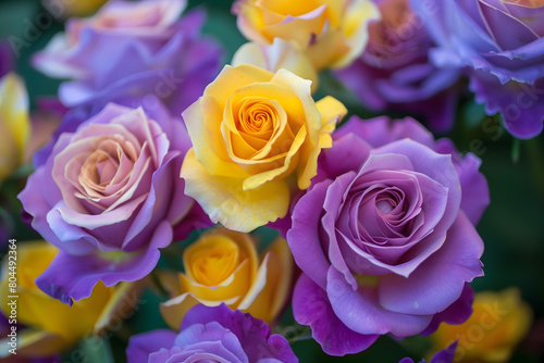 Top view of beautiful purple and yellow roses