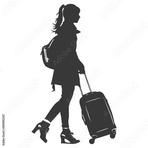 silhouette girl traveling with suitcase silhouette full body black color only