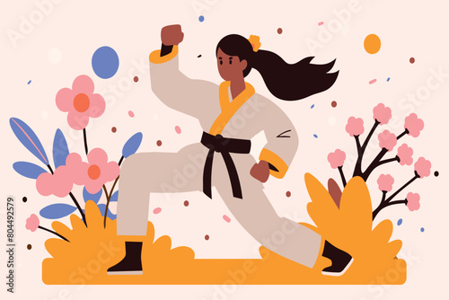 A martial artist with a yellow belt performs a karate kata