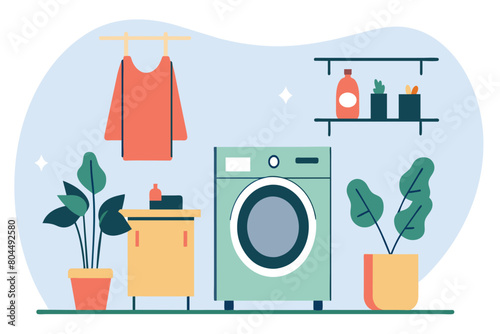 A tidy laundry area with a washing machine, detergent, and plants
