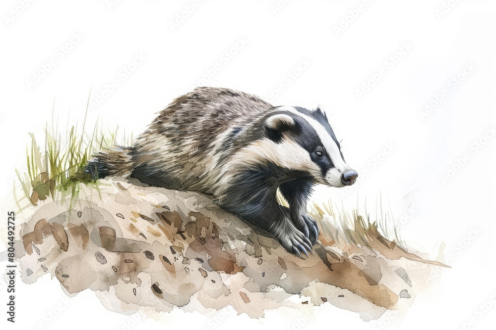Fototapeta premium A watercolor painting of a badger, standing on a grassy hill, looking to the right. The badger is mostly black and white, with a long, bushy tail.