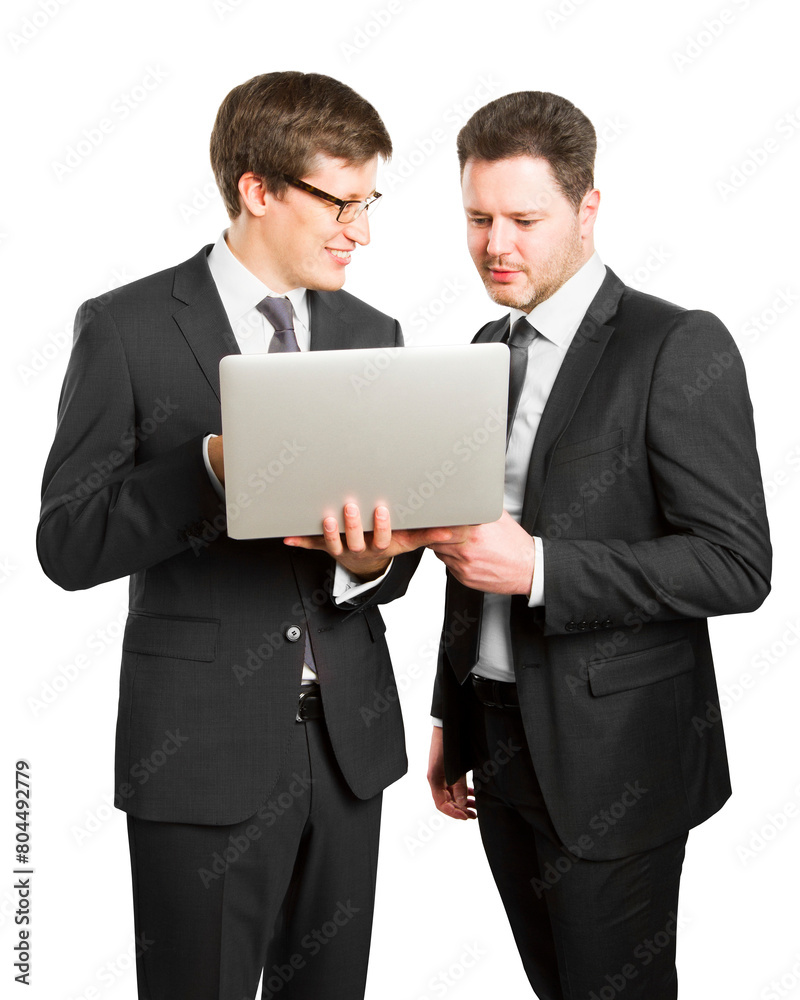 Two businessmen in suits discussing over a laptop, isolated on white background, concept of teamwork Two businessmen in suits discussing over a laptop, isolated on white background, concept of teamwork