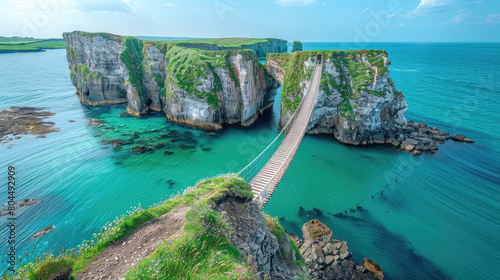  A stunning aerial view of Aaronine's famous rope bridge, stretching across the cliffs near Cam fortunate beach in Northern Ireland. Created with Ai photo
