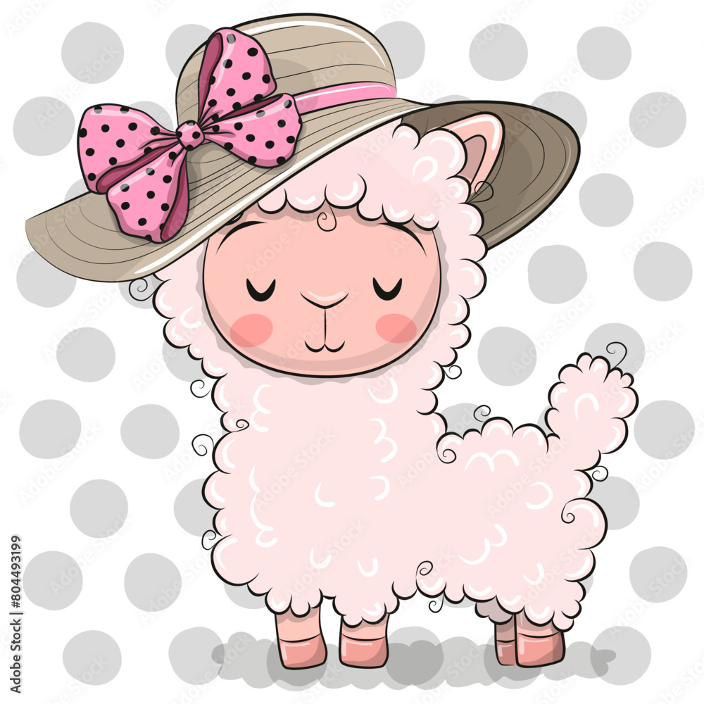 Naklejka premium Cartoon pink alpaca in beach hat