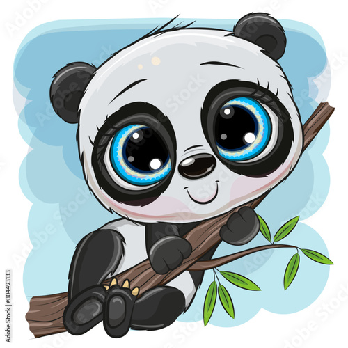 Cartoon Panda is sitting on a tree