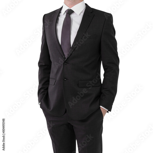 A man in a dark suit, tie, and white shirt on a white background, embodying business attire and professionalism