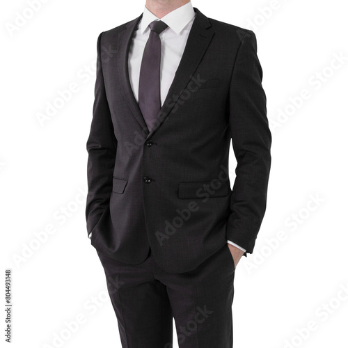 Wall Mural A man in a dark suit, tie, and white shirt on a white background, embodying busi