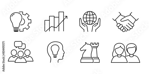 Set of core values outline icons. Innovation, strategy, vision concept. Editable stroke. Isolated vector illustration