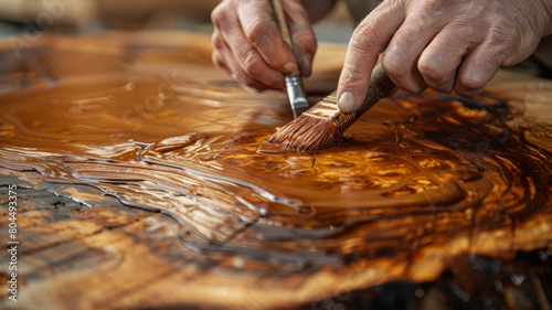 Hands applying varnish on wooden surface. photo