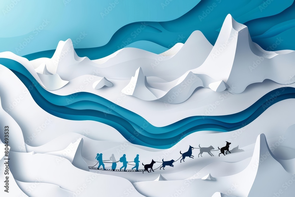 A group of explorers traverse a treacherous icy landscape, their sled ...