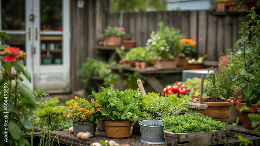 Various plants growing in a beautiful, well-kept home garden. Plants, seedlings, herbs, vegetables and flowers in a pots. Various plants growing in a beautiful, well-kept home garden. Plants, seedlings, herbs, vegetables and flowers in a pots.
