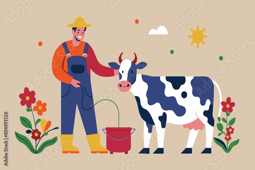 A man is milking a cow using a bucket in a rural setting