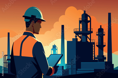 A worker checks operations at an industrial plant during evening hours