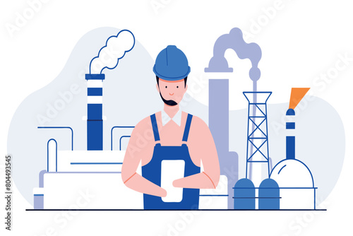 A worker in a hardhat stands with a tablet at an industrial plant