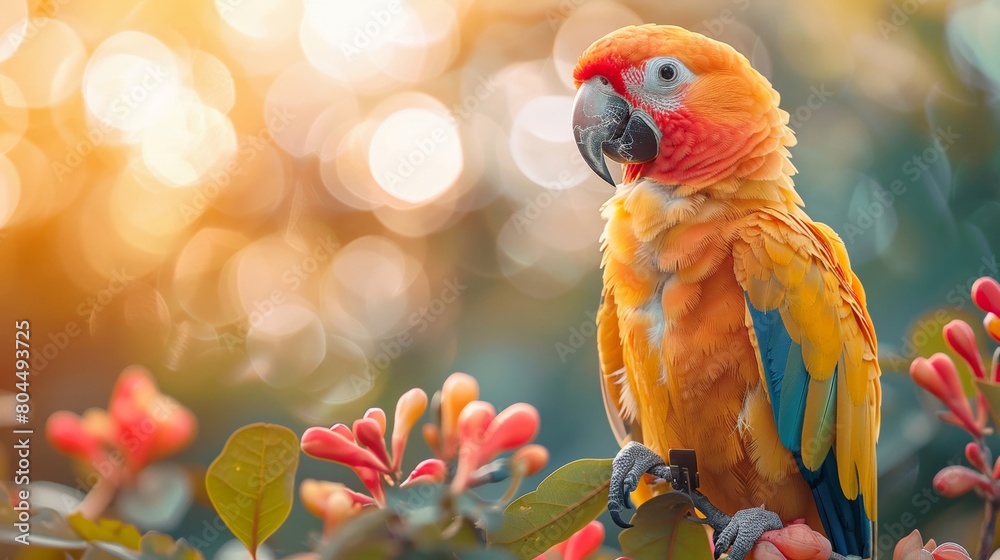 Colorful macaws with red, blue, and yellow feathers perch on a branch Colorful macaws with red, blue, and yellow feathers perch on a branch