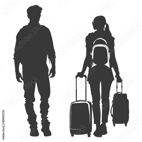 silhouette man and woman traveling with suitcase black color only