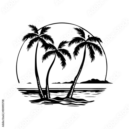 Coconut trees on an island by the sea black and white background vector illustration