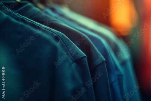 A variety of blue t-shirts hang on a rack in a retail store. photo