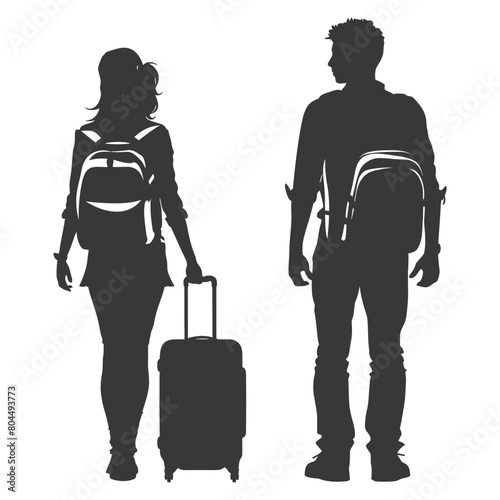 silhouette man and woman traveling with suitcase black color only