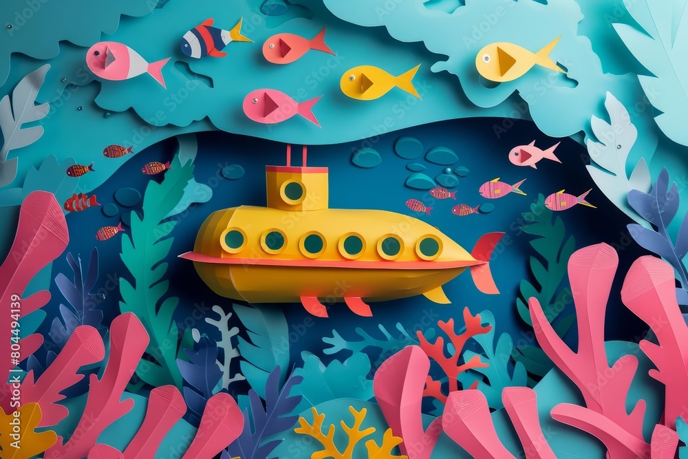 A yellow submarine explores the deep blue sea. The sub is surrounded by ...