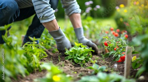 Planting herbs and seedlings in the home garden. Hands of gardener planting flowers in the soil  close up. Spring and summer gardening  bright background. 