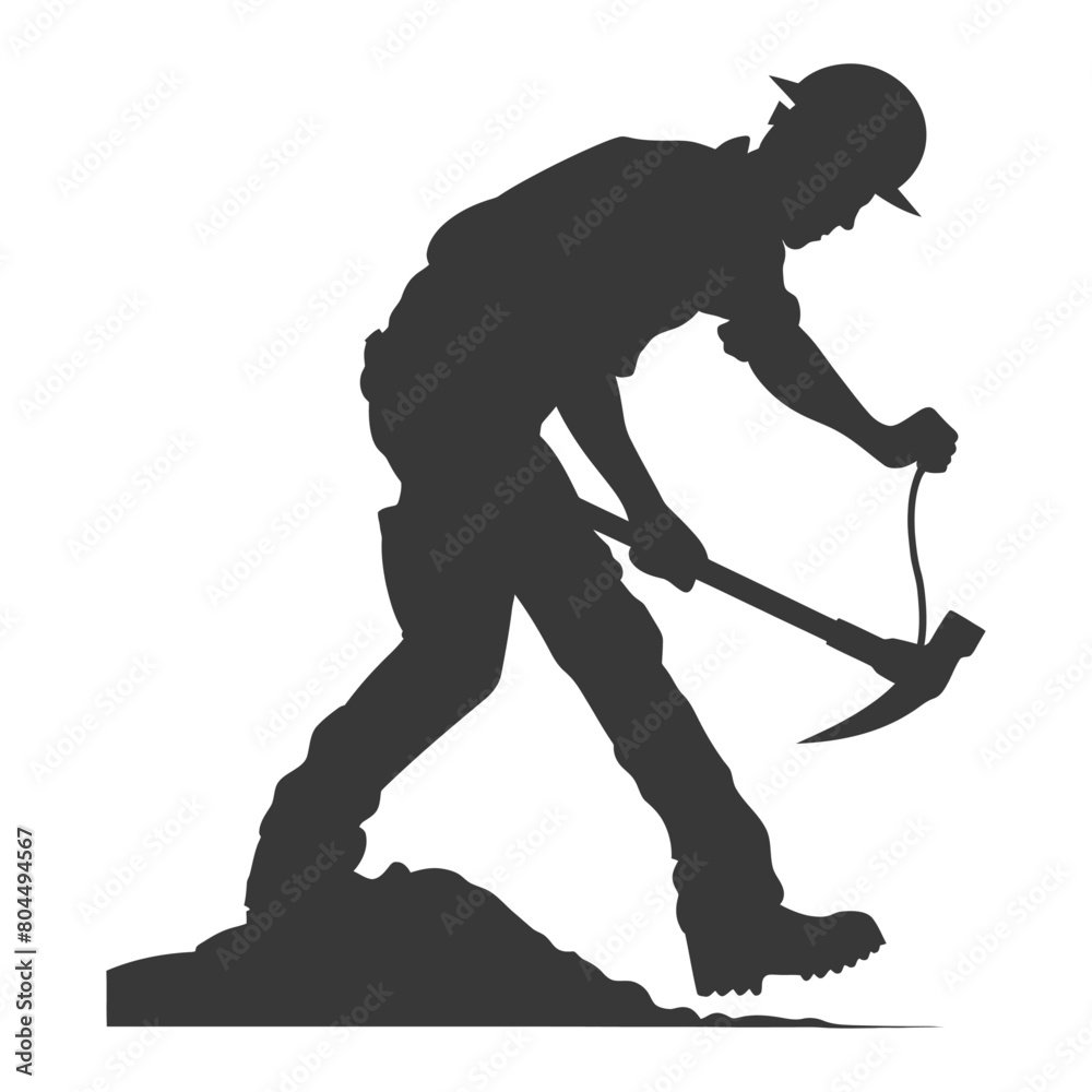 silhouette miner using pickaxe in action full body black color only
