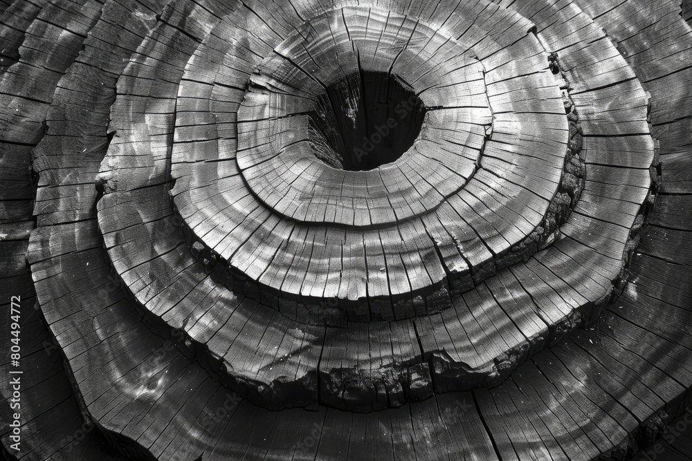 A black and white photograph of the cross section of an old tree trunk, showcasing its intricate patterns. Created with Ai