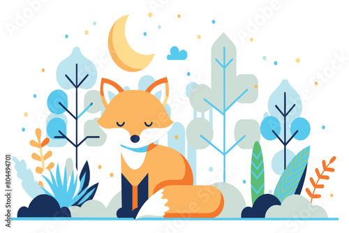 A fox peacefully resting in the grass beside tall trees
