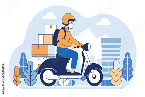 Courier rides scooter loaded with boxes among cityscape backdrop