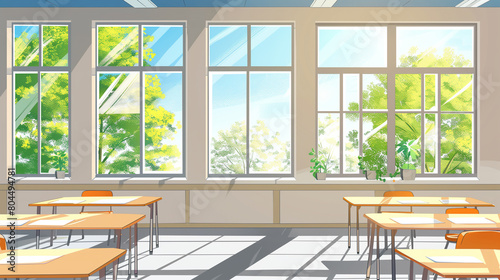 An illustration bright and inviting classroom with large windows showcasing a glimpse of nature outside, Generative AI