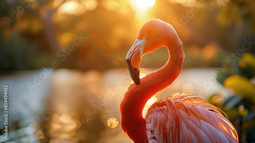 Flamingo at sunset by water photo