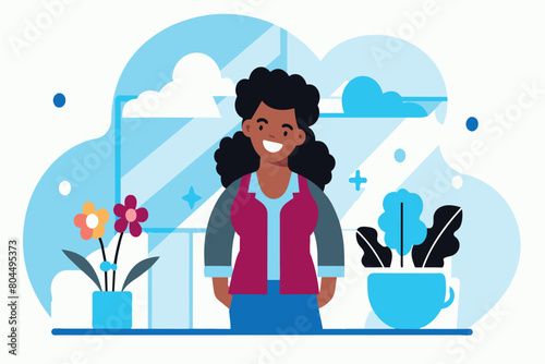 Cheerful female shopkeeper with various houseplants on sunny day