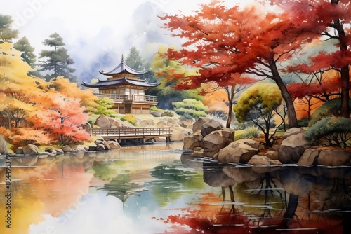 Watercolor landscape of a traditional Japanese garden in autumn, focusing on tranquility and the subtle blend of fall colors