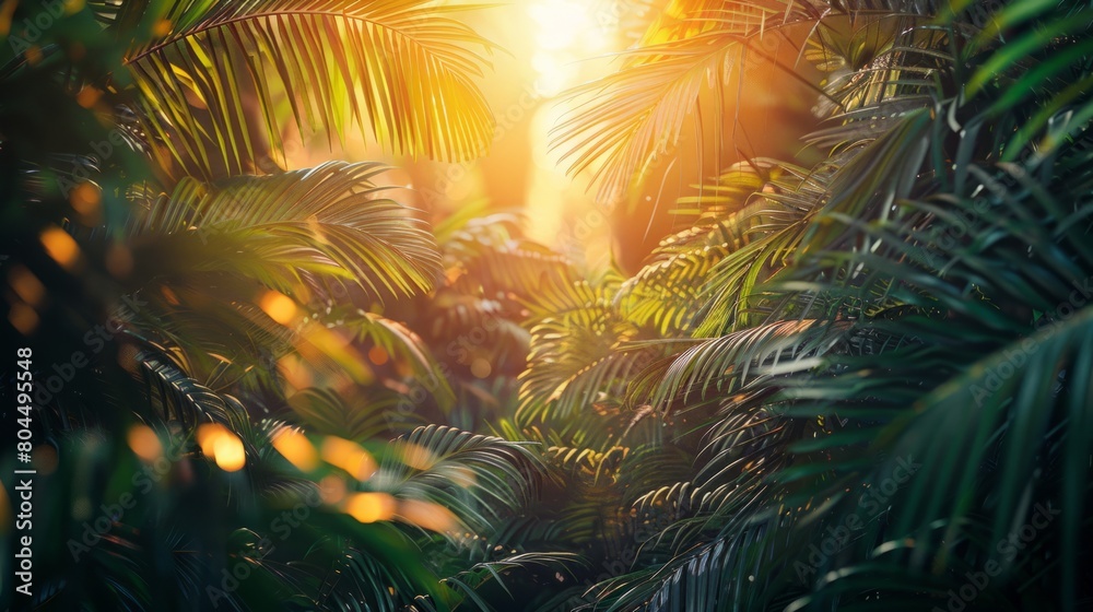nature photography, sunlight shines through lush tropical foliage, creating a vibrant summer backdrop