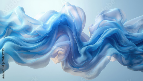  White silk fabric with a light blue background  flowing in the wind  creating an abstract and artistic visual effect. Created with Ai