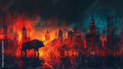 Illustrate a dramatic scene with the silhouettes of a bullish and a bearish figure towering over a cityscape, with the skyline morphing into stock market charts. photo