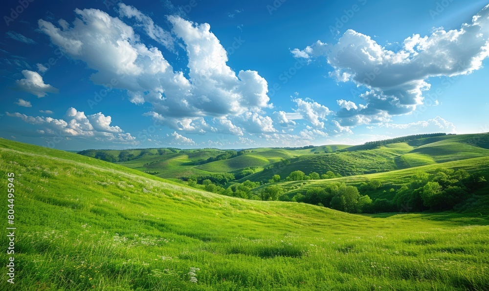 Fototapeta premium Tranquil beauty of springtime nature in peaceful countryside landscape. Green grass, blue sky, white clouds, rolling hills