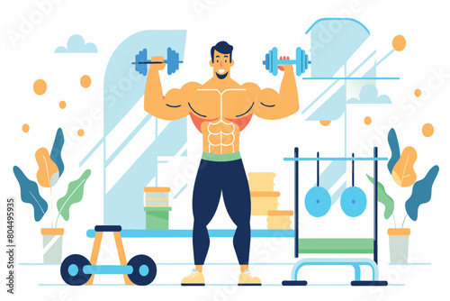 Animated muscular figure exercises with weights