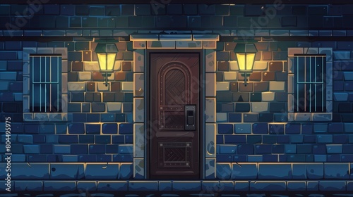 A cartoon facade of a vintage residential building with a front door in stone frame with light coming from lanterns.