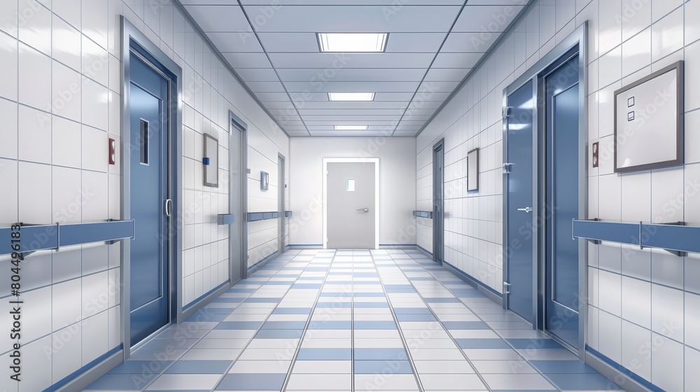 Lab doors, lab and kitchen doors, hospital corridor doors, school corridor doors, realistic 3D illustration with white walls and tiled floor, empty interior with double metal doorways with