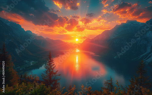 Sunset in the mountains, Beautiful view. Created with Ai 