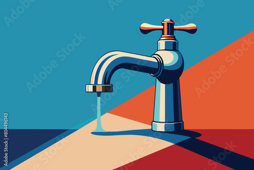 Stylized artwork of a water tap against a two-tone backdrop