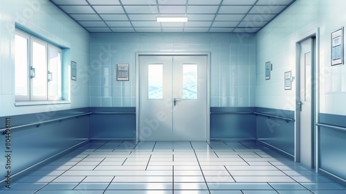 Laboratory, kitchen, hospital, or school corridor doors with rectangular windows, white walls and tiled floor, realistic 3D modern illustration.