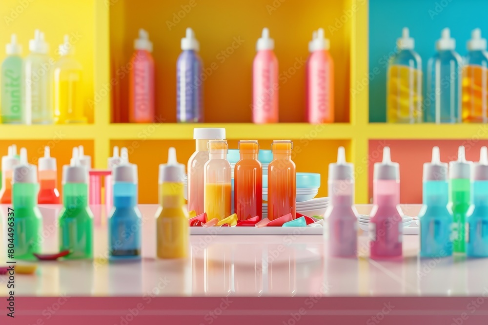 A colorful display of condiments and sauces, including a variety of green A colorful display of condiments and sauces, including a variety of green